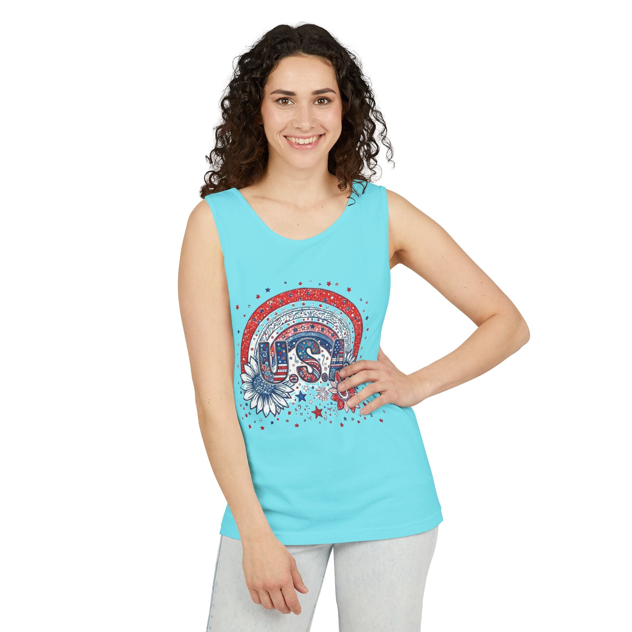 USA Rainbow Floral Tank Top — Patriotic 4th of July Sleeveless Tee