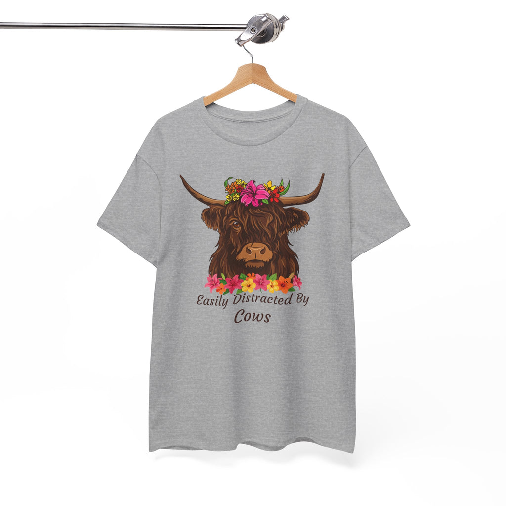 Highland Cow Floral Tee — "Easily Distracted by Cows" Cute Cow Graphic T-Shirt