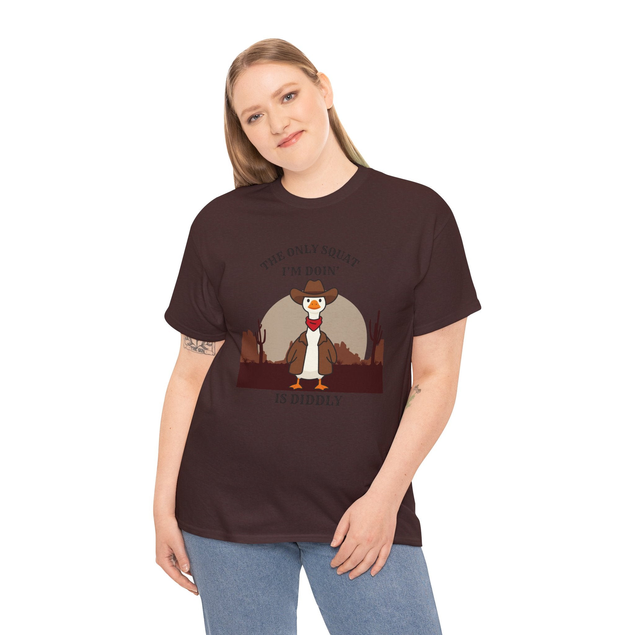 Cowboy Duck Graphic Tee — "The Only Squat I'm Doin' Is Diddly" Cute Western Animal T-Shirt