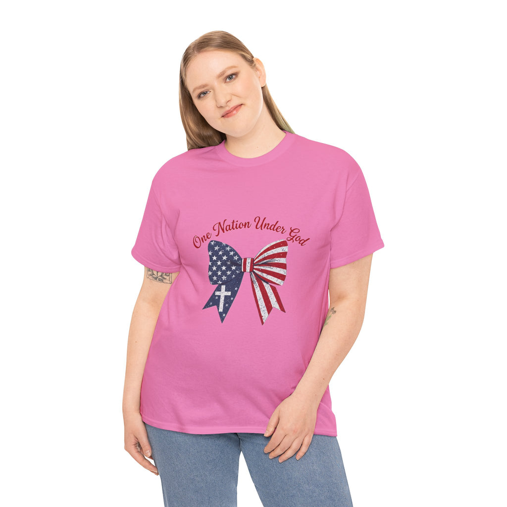 Patriotic Bow Tee — "One Nation Under God" American Flag Cross T-Shirt