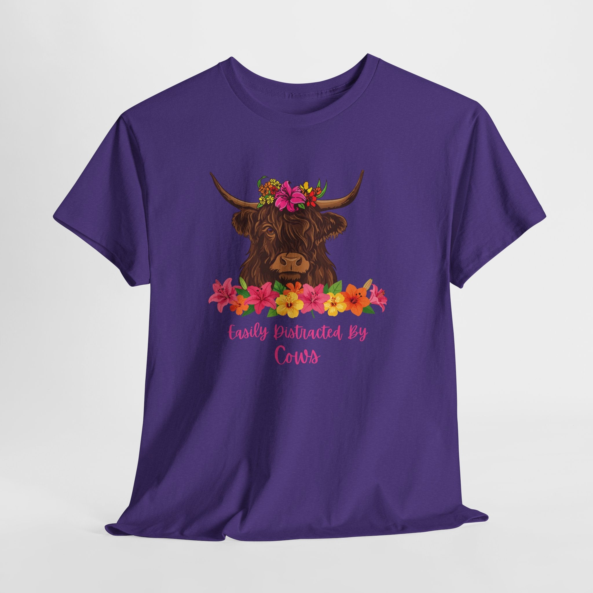 Cow Mom Floral Tee — 'Easily Distracted By Cows' Highland Cow Graphic Shirt