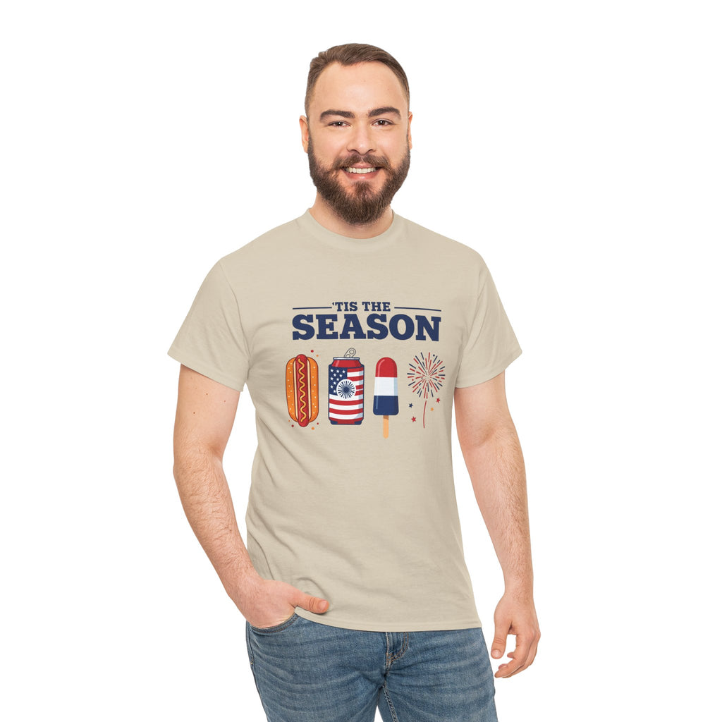 Fourth of July Tee — "'Tis the Season" Patriotic Hot Dog, Popsicle & Fireworks T-Shirt