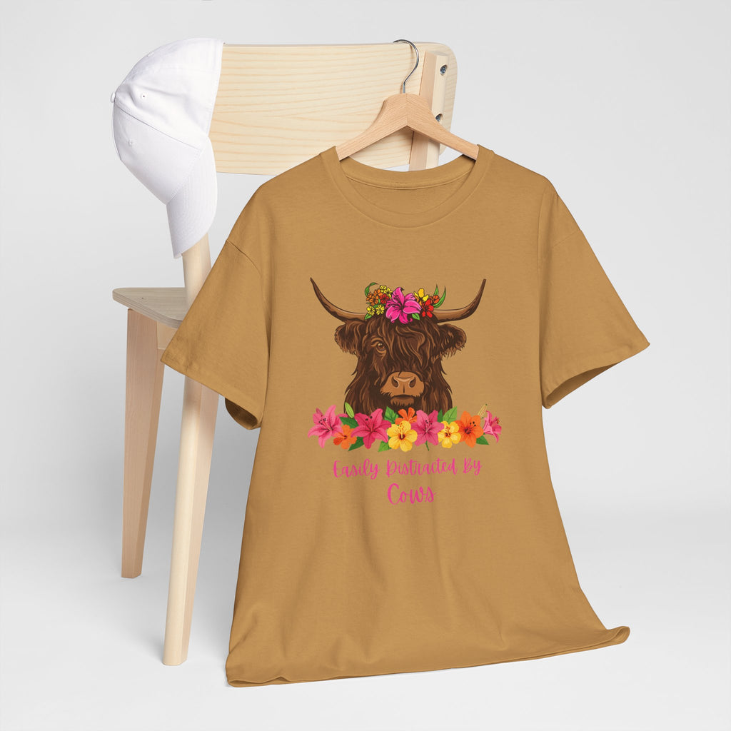 Cow Mom Floral Tee — 'Easily Distracted By Cows' Highland Cow Graphic Shirt