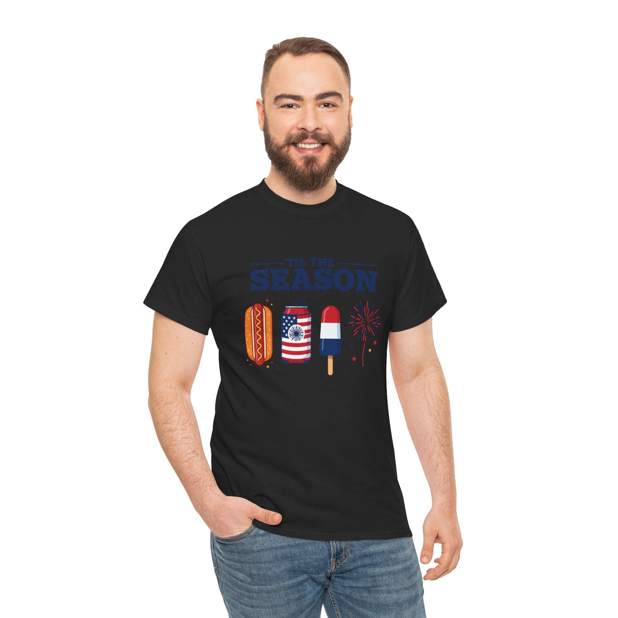 Fourth of July Tee — "'Tis the Season" Patriotic Hot Dog, Popsicle & Fireworks T-Shirt