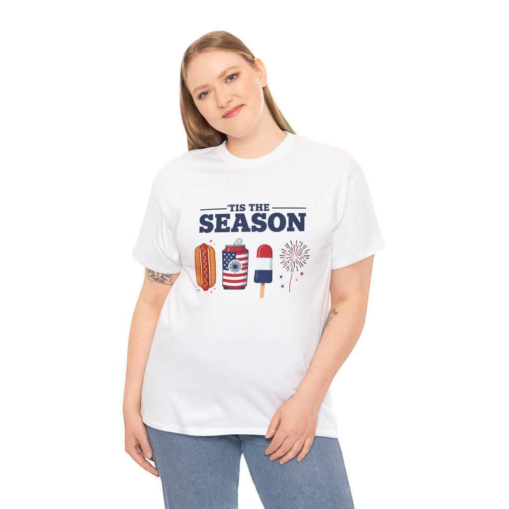 Fourth of July Tee — "'Tis the Season" Patriotic Hot Dog, Popsicle & Fireworks T-Shirt