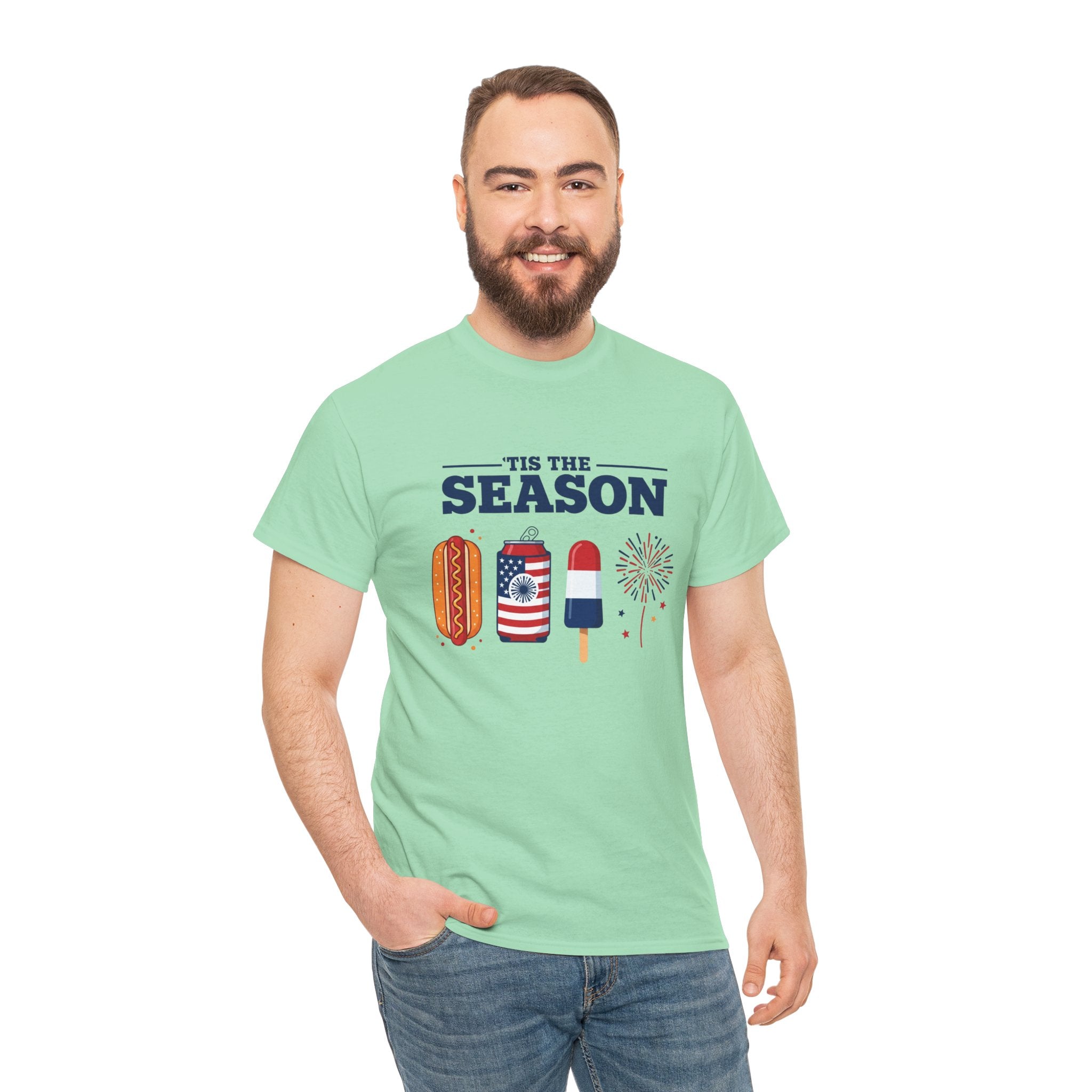 Fourth of July Tee — "'Tis the Season" Patriotic Hot Dog, Popsicle & Fireworks T-Shirt