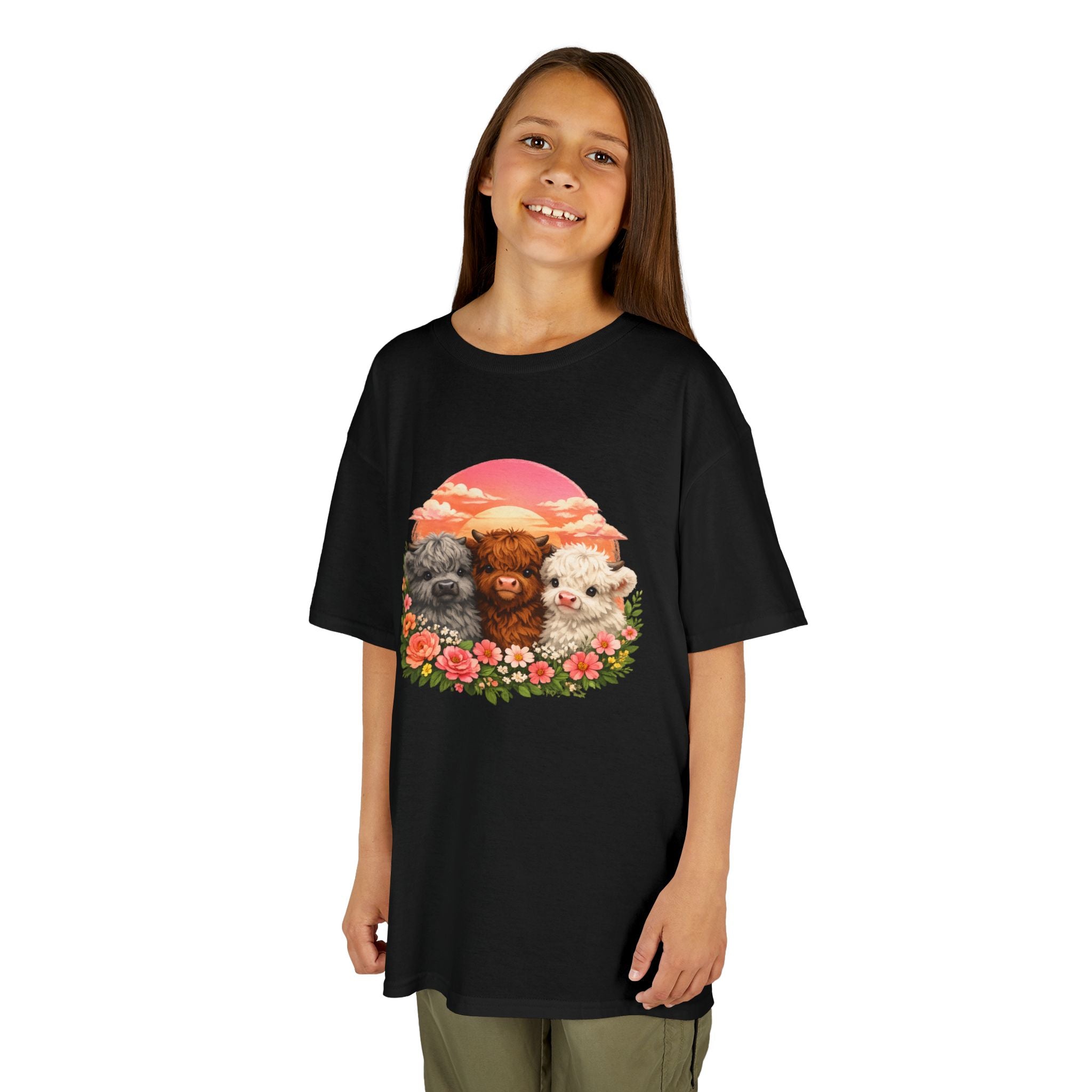 Kids Tee — Trio of Cute Kittens Sunset Floral Design