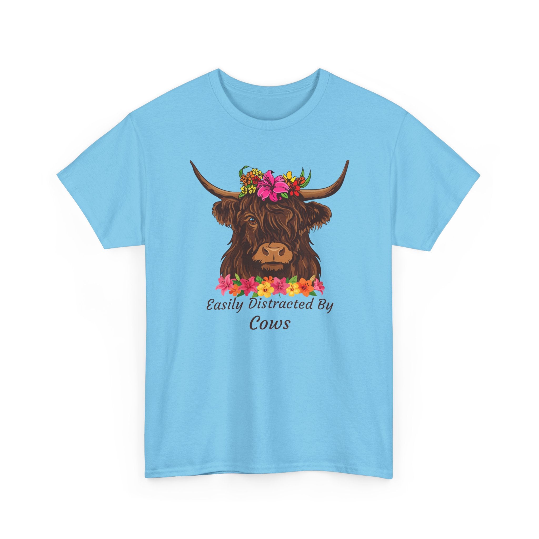 Highland Cow Floral Tee — "Easily Distracted by Cows" Cute Cow Graphic T-Shirt