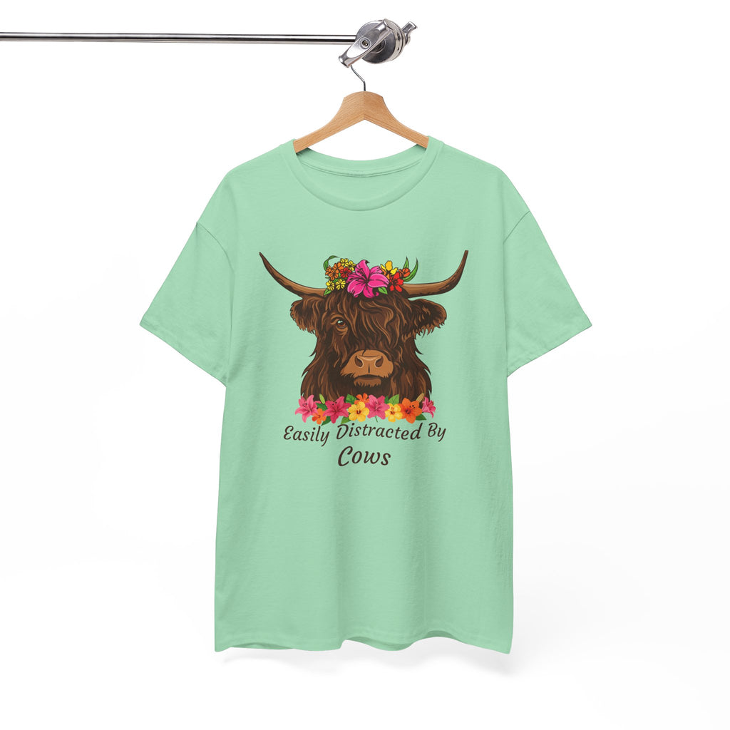 Highland Cow Floral Tee — "Easily Distracted by Cows" Cute Cow Graphic T-Shirt