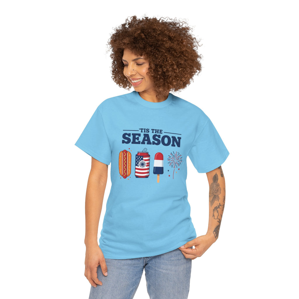 Fourth of July Tee — "'Tis the Season" Patriotic Hot Dog, Popsicle & Fireworks T-Shirt