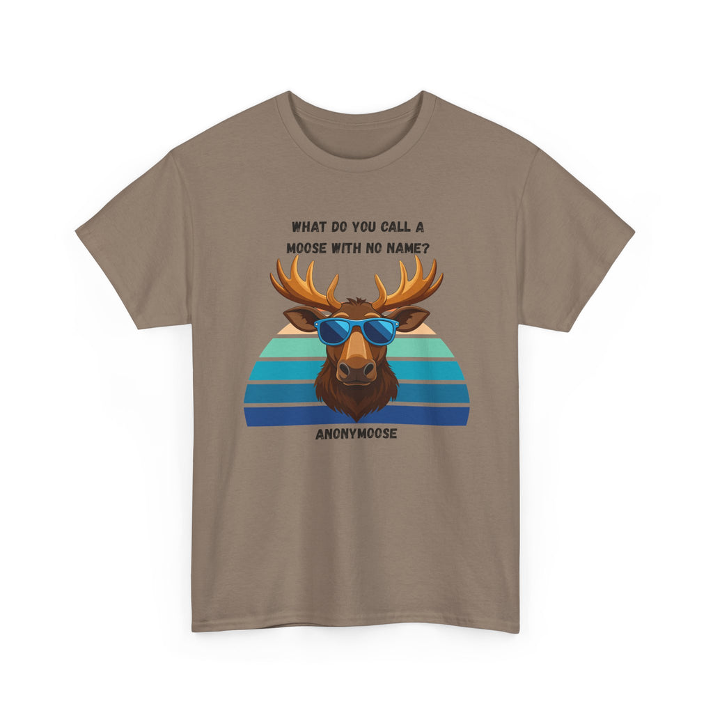 Funny Moose T-Shirt — 'What Do You Call a Moose With No Name? Anonymoose' Retro Sunglasses Tee
