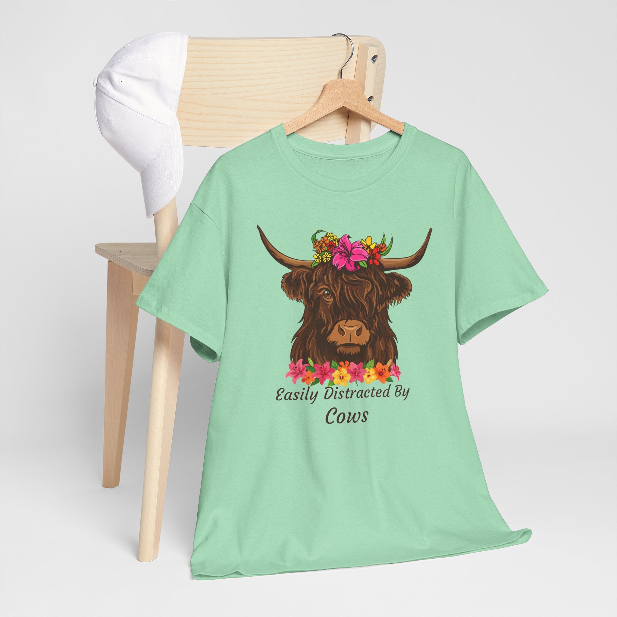 Highland Cow Floral Tee — "Easily Distracted by Cows" Cute Cow Graphic T-Shirt