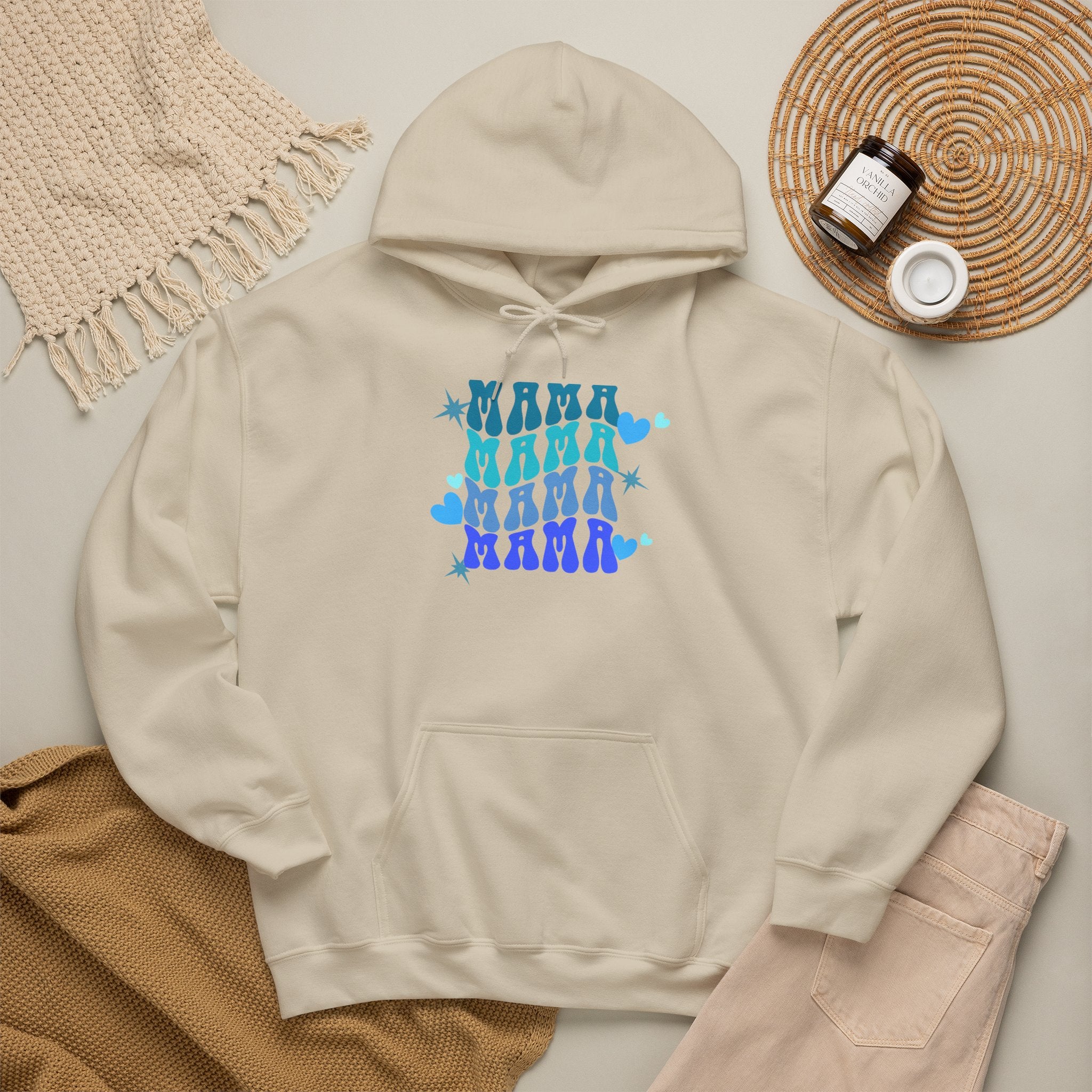 Mama Heart Crewneck Hoodie – Blue Gradient “MAMA” Graphic Sweatshirt