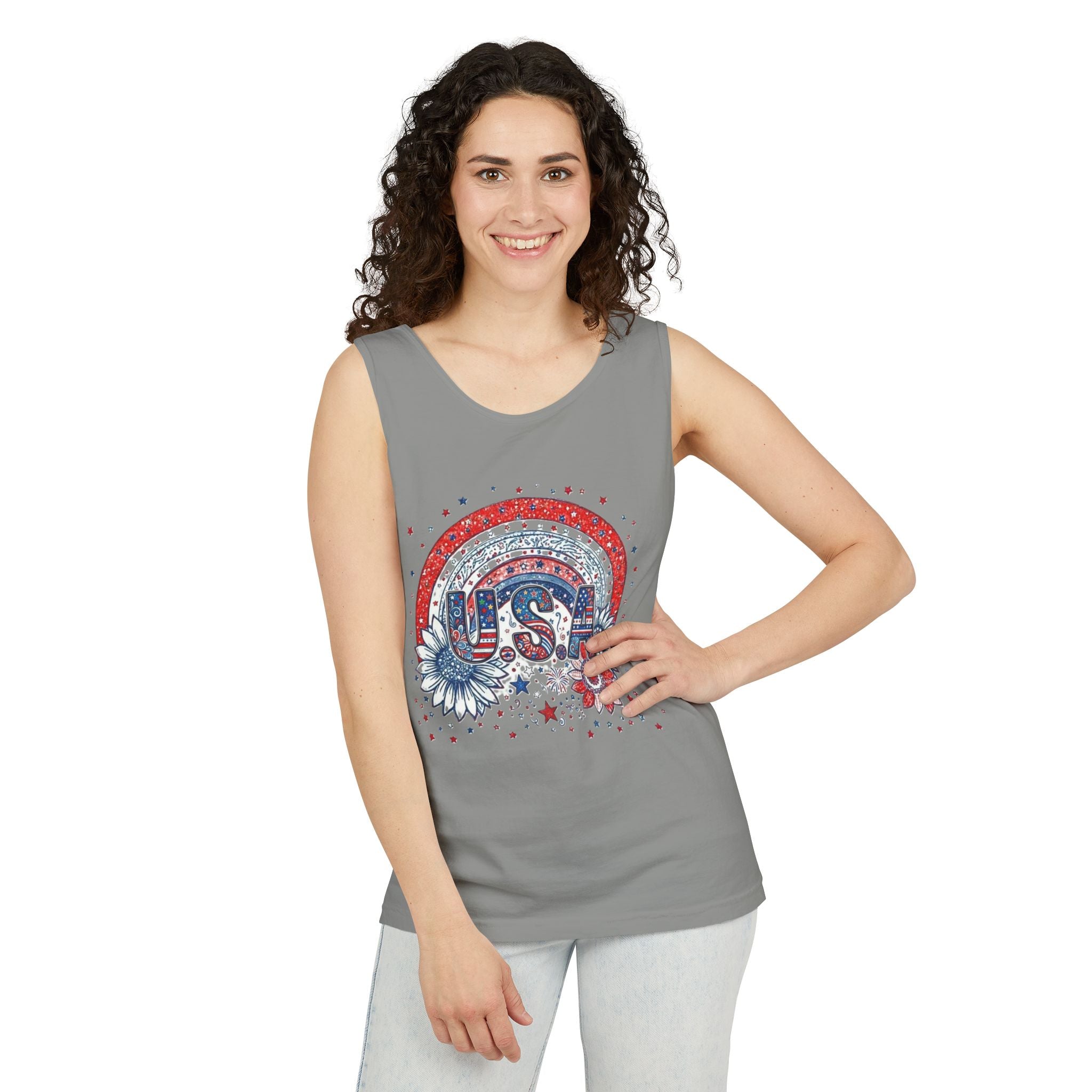 USA Rainbow Floral Tank Top — Patriotic 4th of July Sleeveless Tee