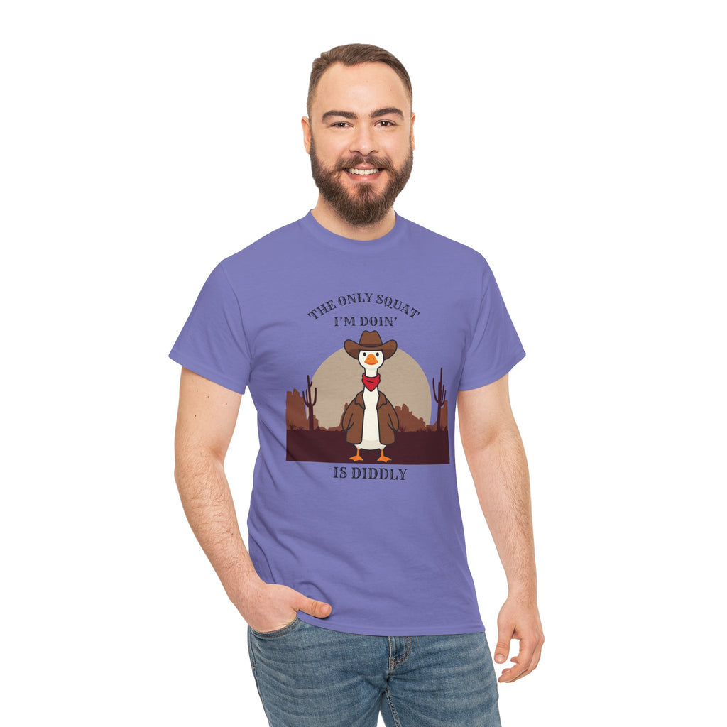 Cowboy Duck Graphic Tee — "The Only Squat I'm Doin' Is Diddly" Cute Western Animal T-Shirt