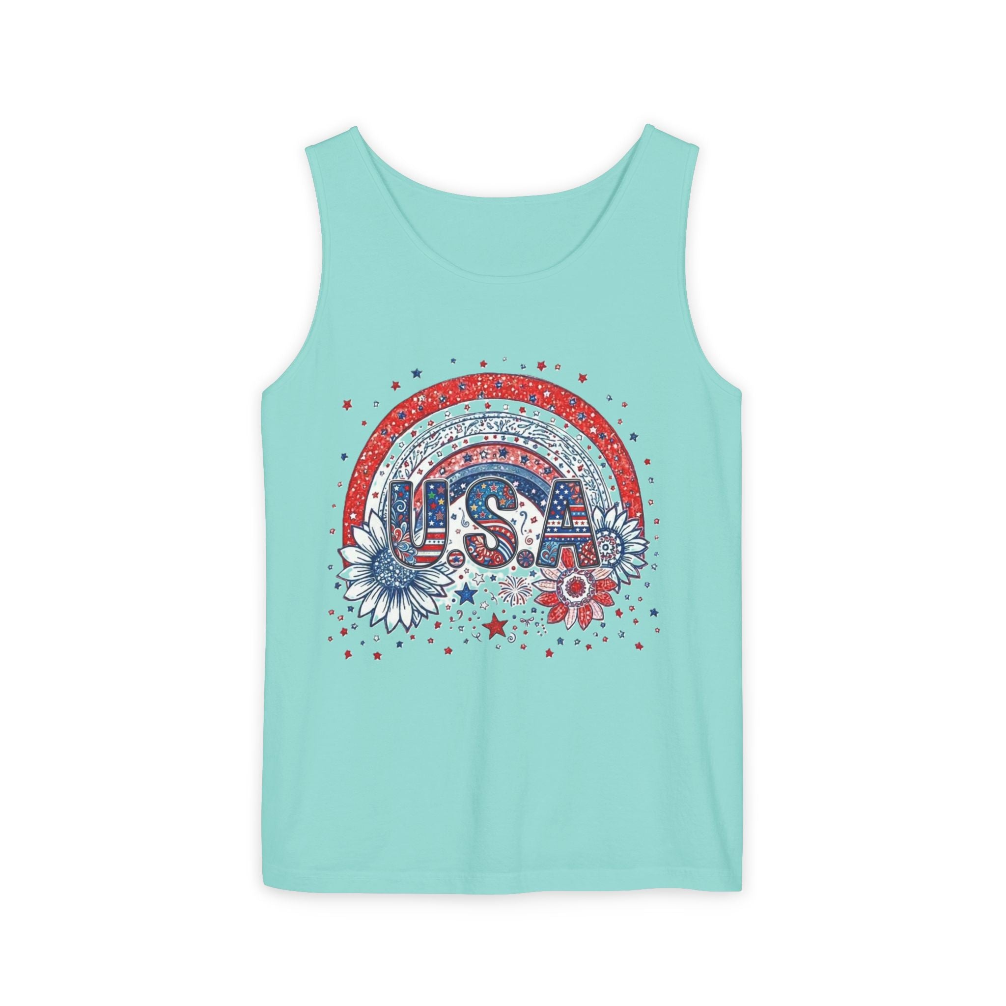 USA Rainbow Floral Tank Top — Patriotic 4th of July Sleeveless Tee