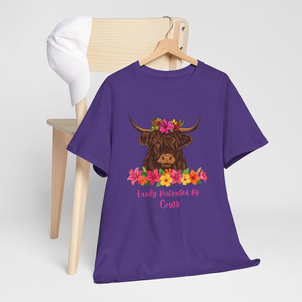 Cow Mom Floral Tee — 'Easily Distracted By Cows' Highland Cow Graphic Shirt