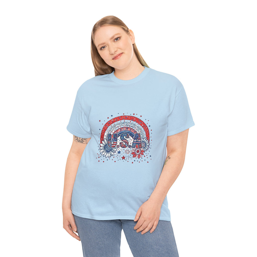 USA Retro Rainbow T-Shirt — Patriotic Fourth of July Tee with Stars & Flowers