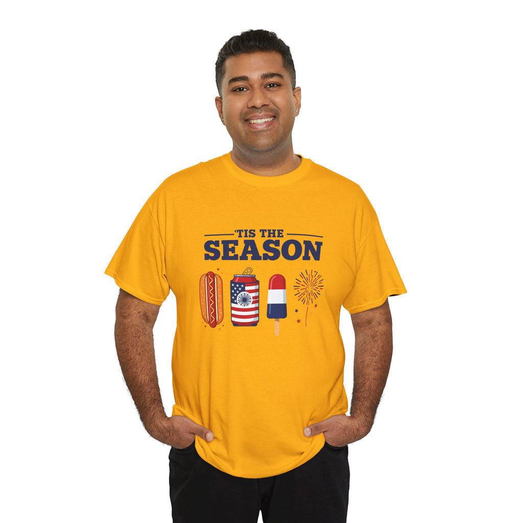 Fourth of July Tee — "'Tis the Season" Patriotic Hot Dog, Popsicle & Fireworks T-Shirt