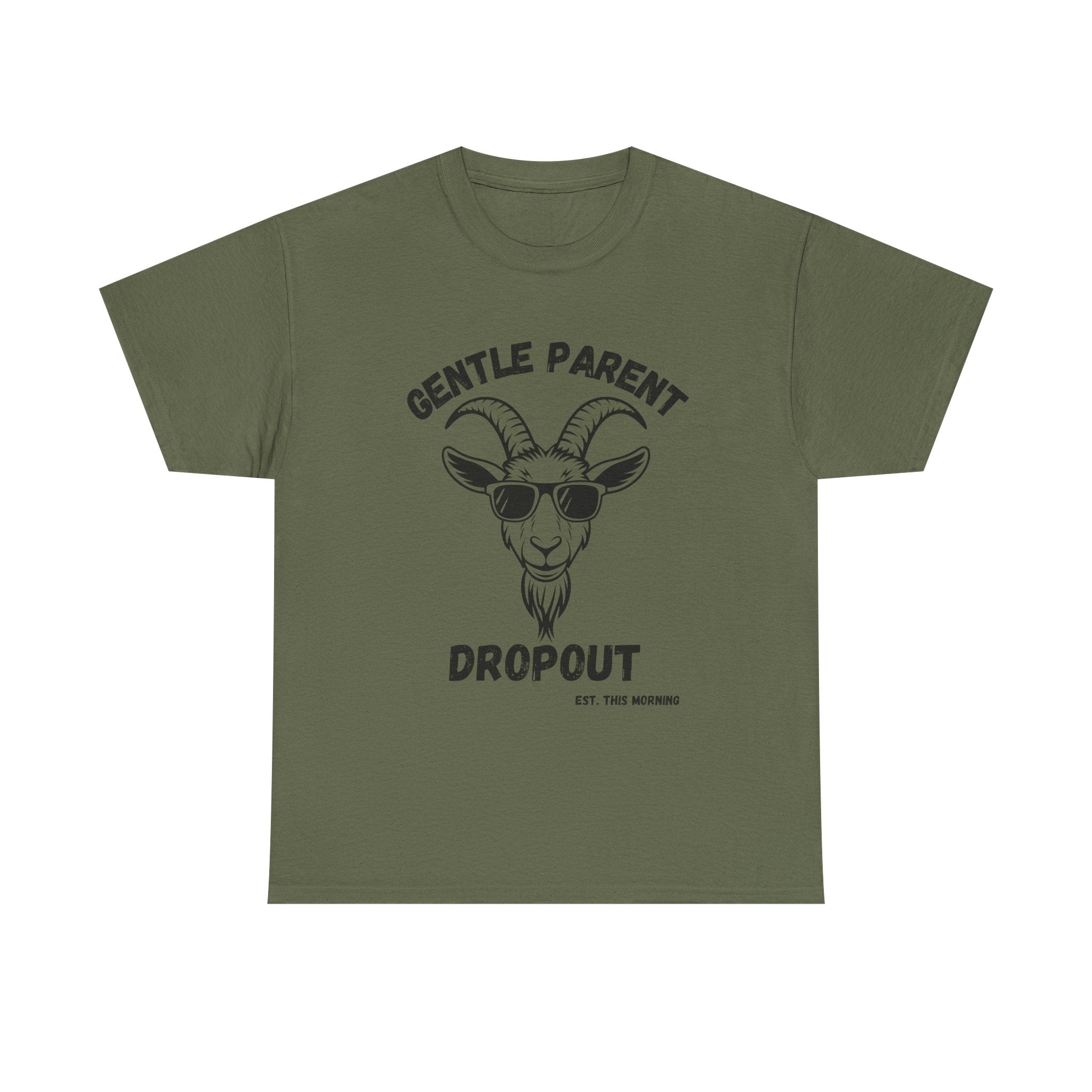 Gentle Parent Dropout Goat T-Shirt — Funny Parenting Tee with Sunglasses Goat Design