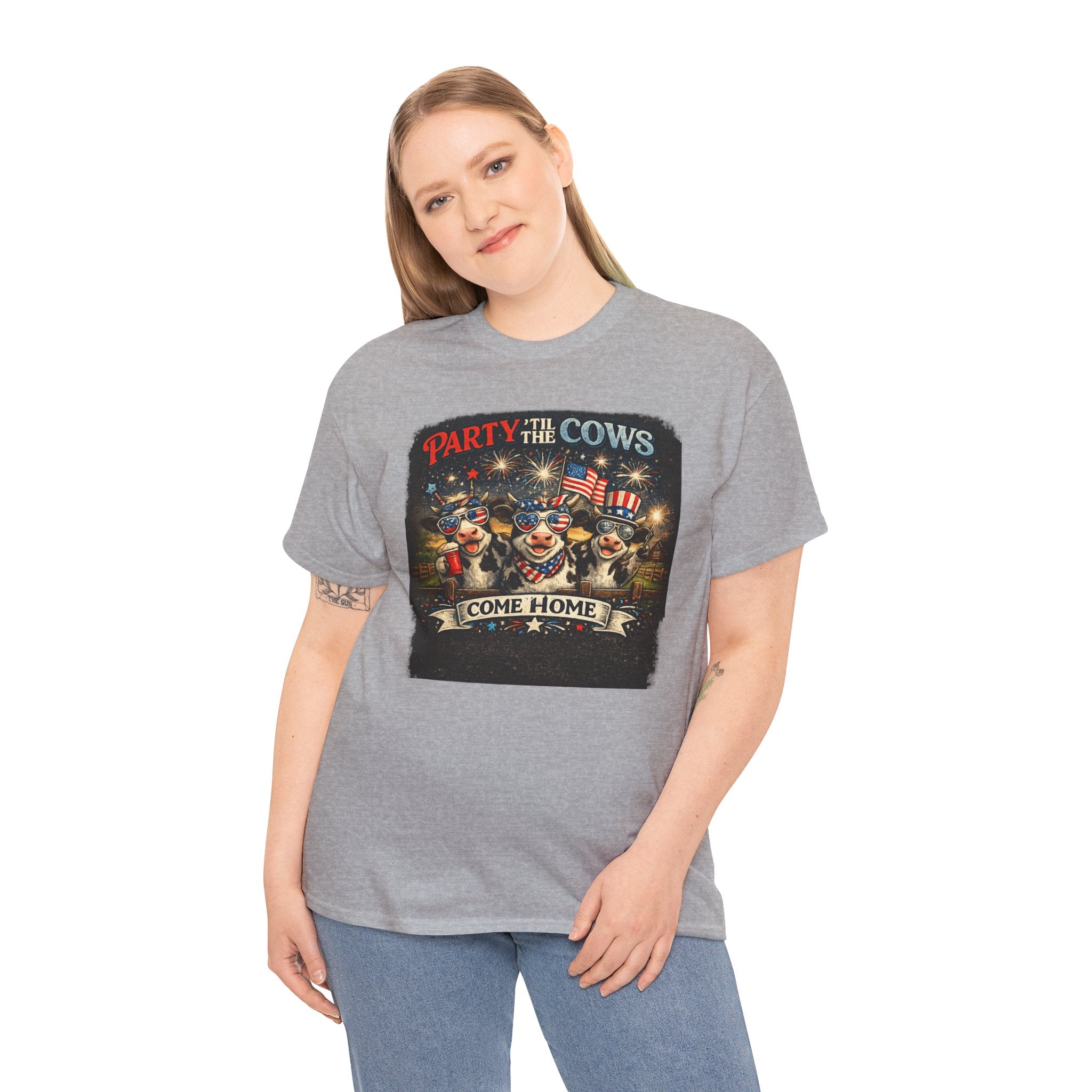 Independence Day 'Party 'Til the Cows Come Home' T-Shirt — Fireworks & Cow Graphic