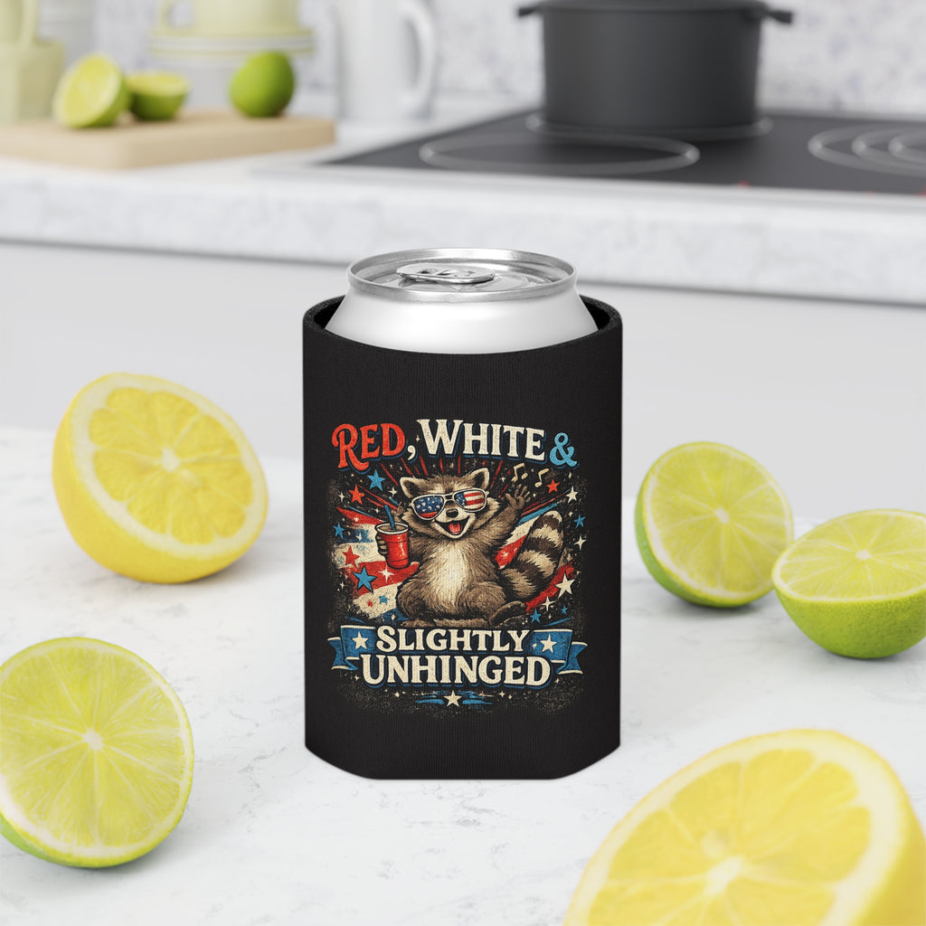 Can Cooler - "Red, White & Slightly Unhinged" Patriotic Raccoon Beer Koozie