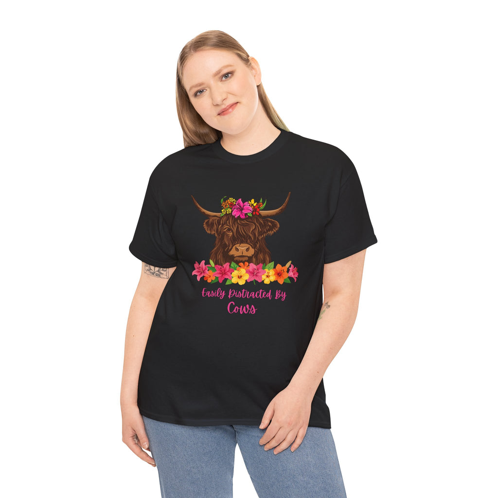 Cow Mom Floral Tee — 'Easily Distracted By Cows' Highland Cow Graphic Shirt