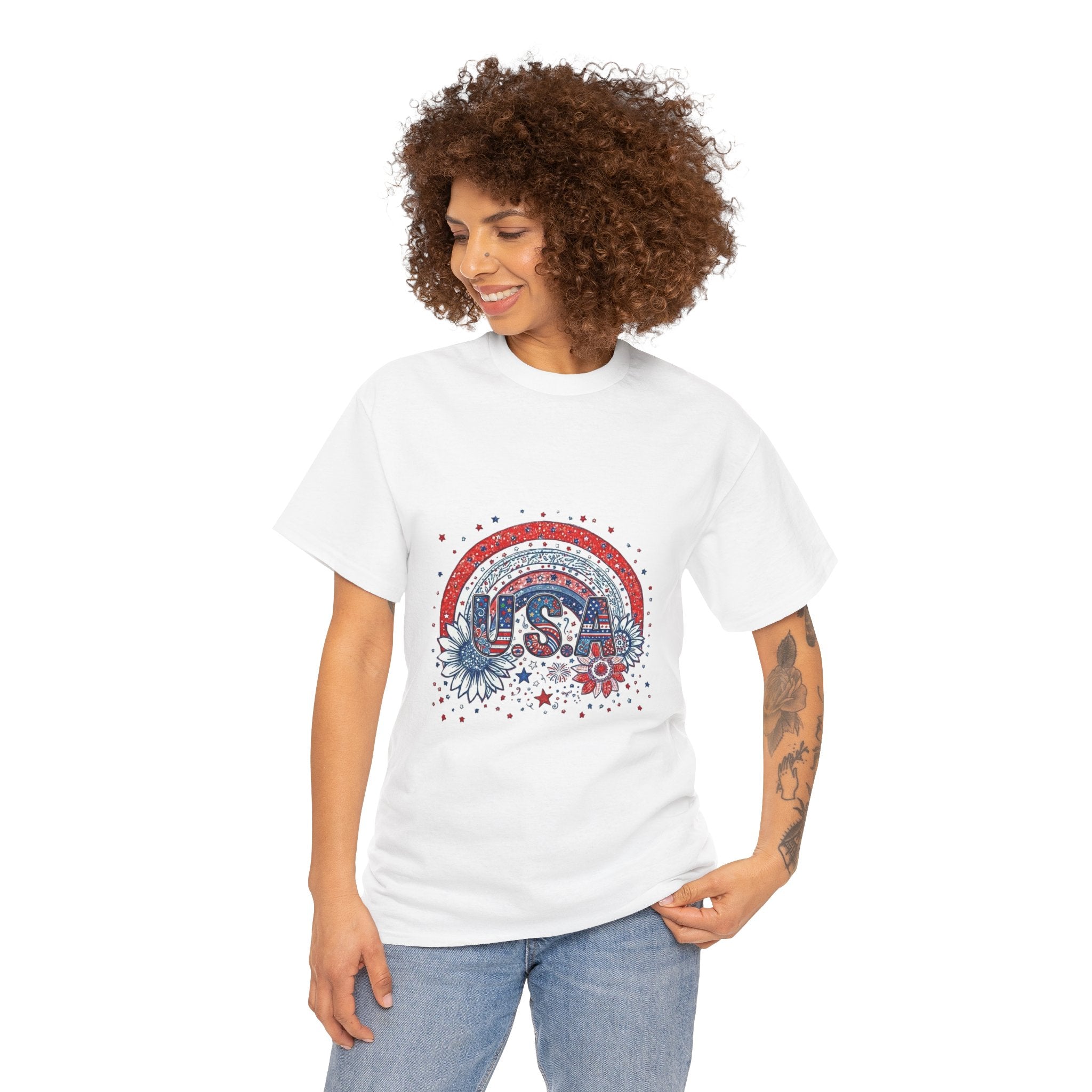 USA Retro Rainbow T-Shirt — Patriotic Fourth of July Tee with Stars & Flowers