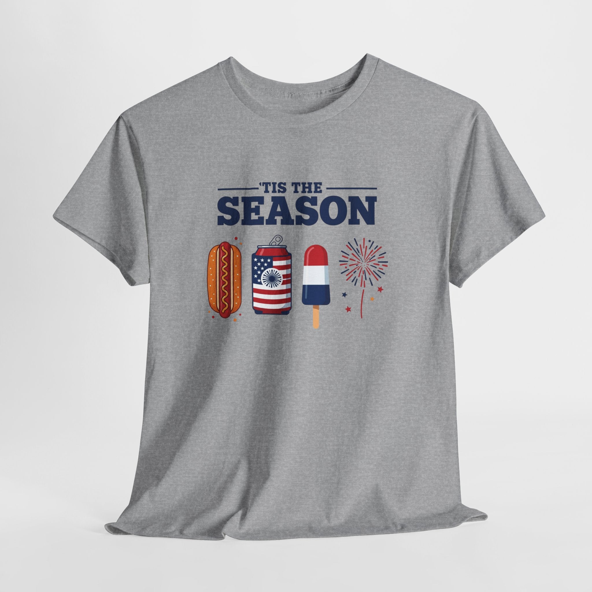 Fourth of July Tee — "'Tis the Season" Patriotic Hot Dog, Popsicle & Fireworks T-Shirt