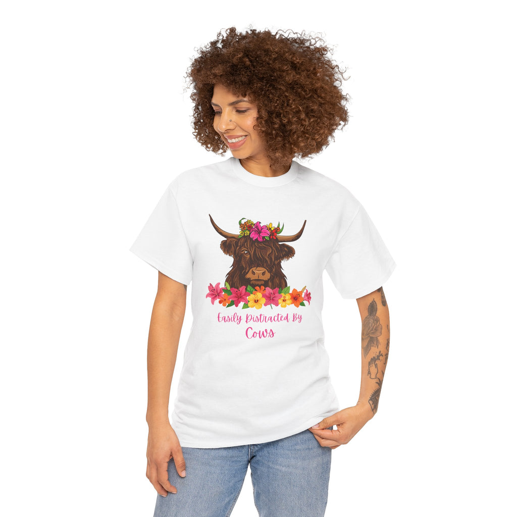 Cow Mom Floral Tee — 'Easily Distracted By Cows' Highland Cow Graphic Shirt