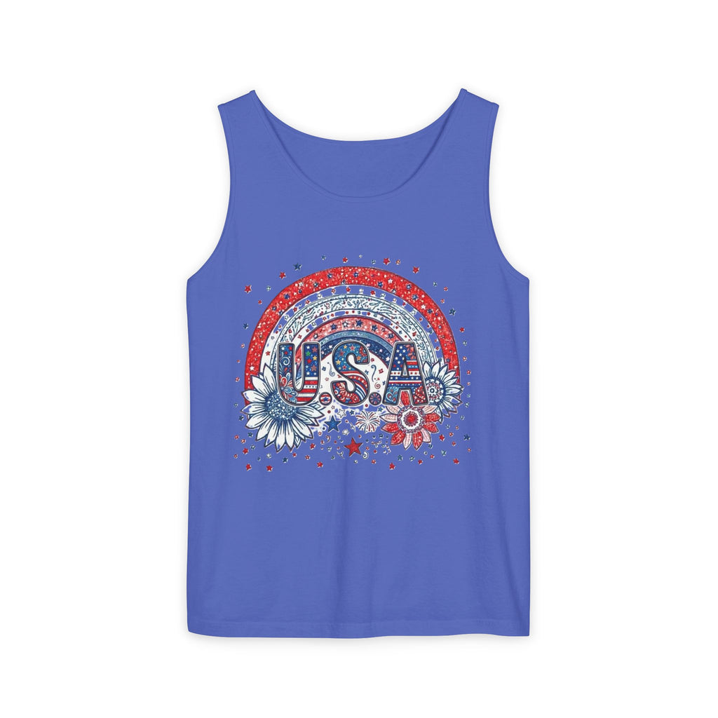 USA Rainbow Floral Tank Top — Patriotic 4th of July Sleeveless Tee