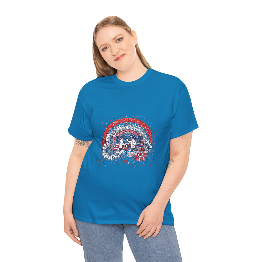 USA Retro Rainbow T-Shirt — Patriotic Fourth of July Tee with Stars & Flowers
