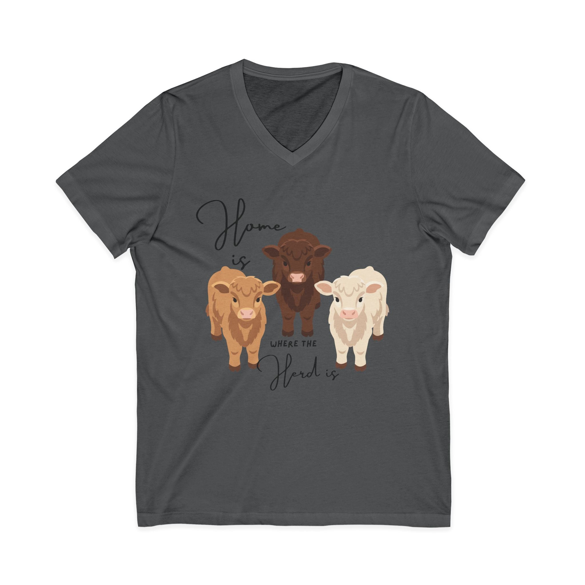 Cow Trio V-Neck Tee — "Home is Where the Herd Is" Cute Farm Animal Shirt