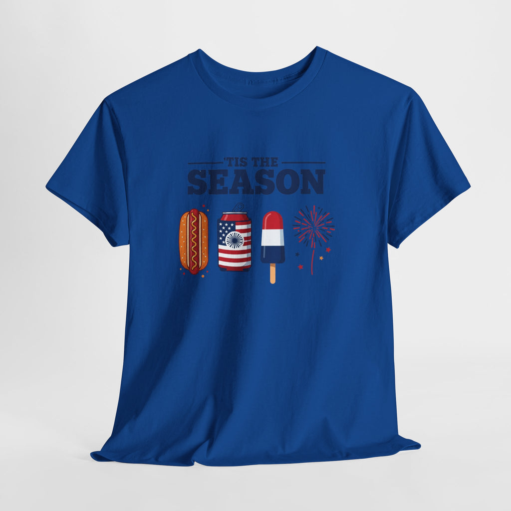 Fourth of July Tee — "'Tis the Season" Patriotic Hot Dog, Popsicle & Fireworks T-Shirt
