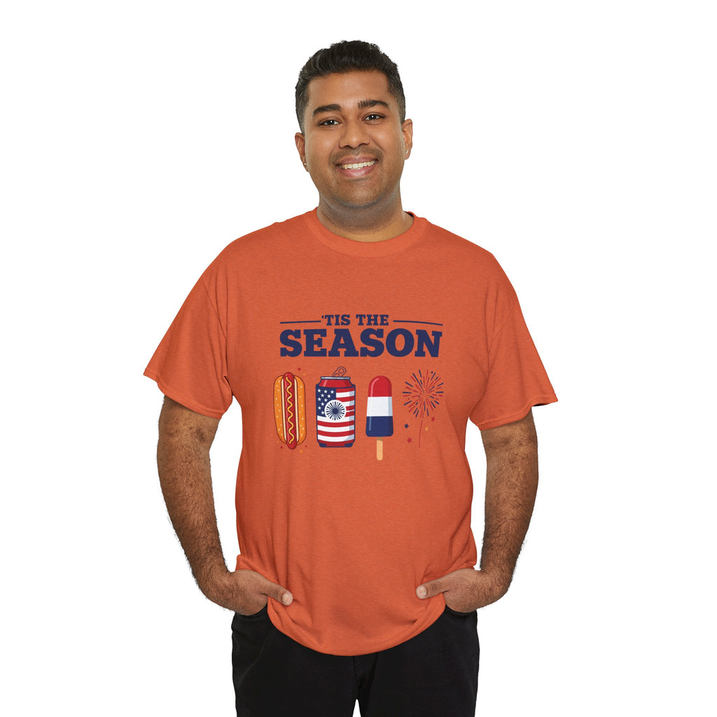 Fourth of July Tee — "'Tis the Season" Patriotic Hot Dog, Popsicle & Fireworks T-Shirt