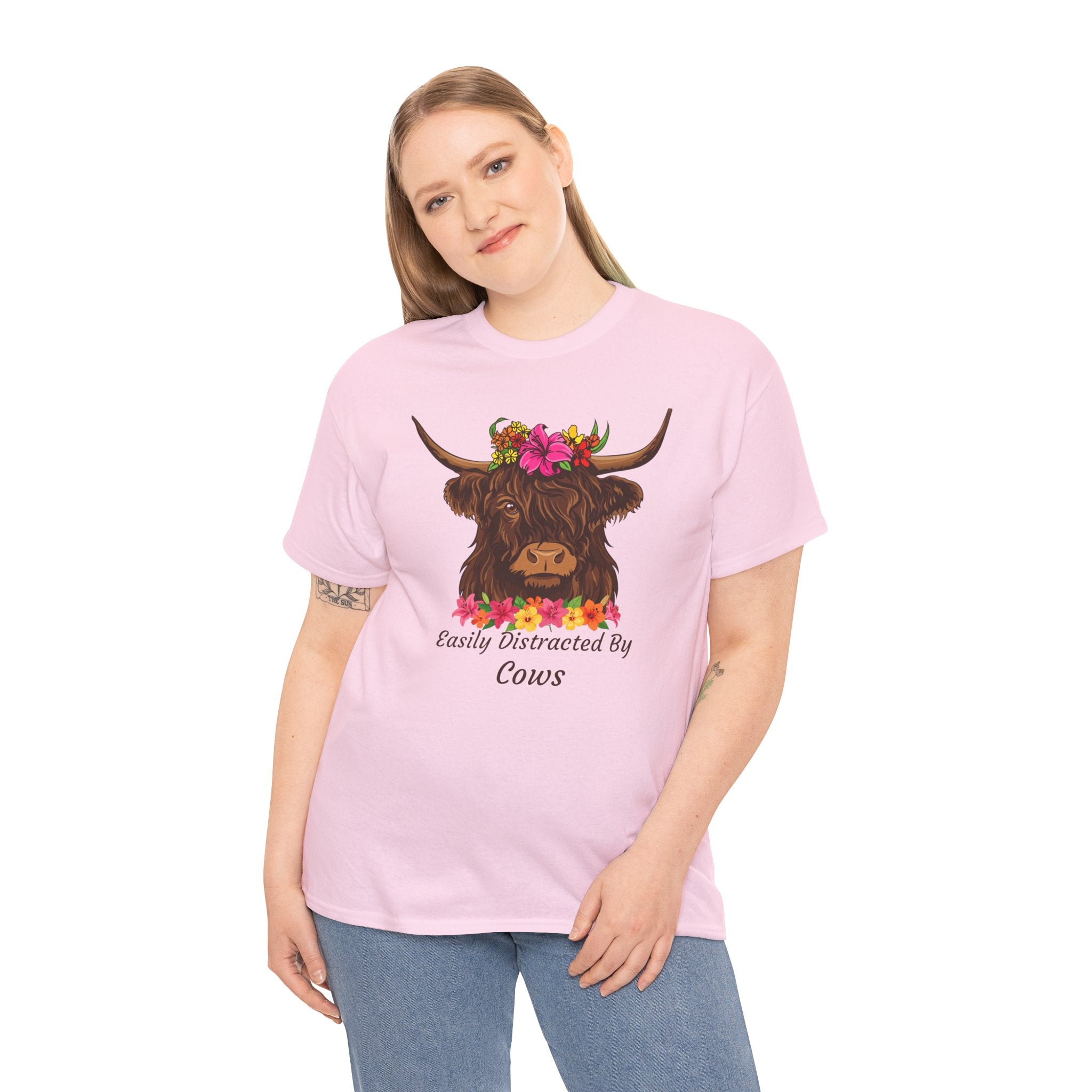 Highland Cow Floral Tee — "Easily Distracted by Cows" Cute Cow Graphic T-Shirt