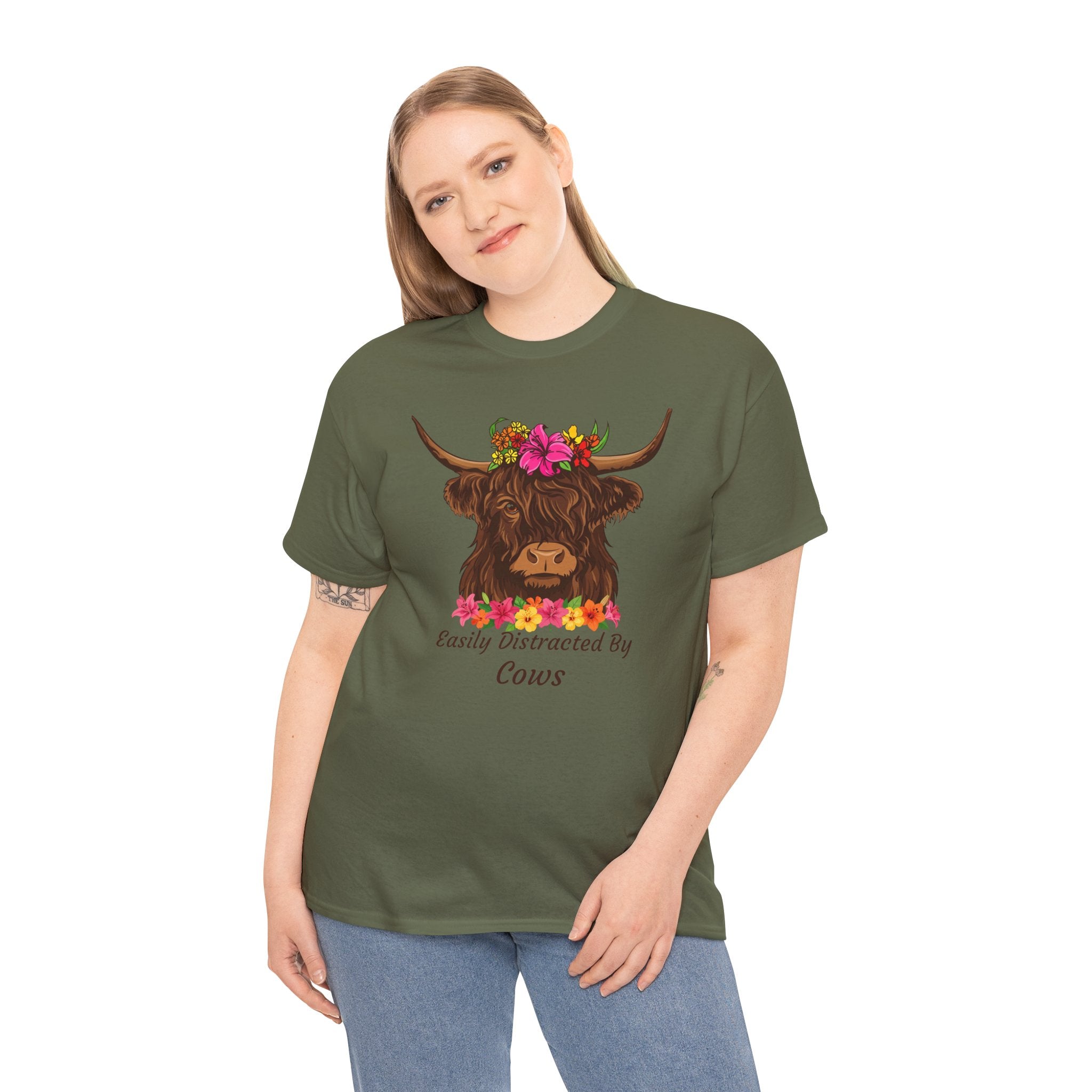 Highland Cow Floral Tee — "Easily Distracted by Cows" Cute Cow Graphic T-Shirt