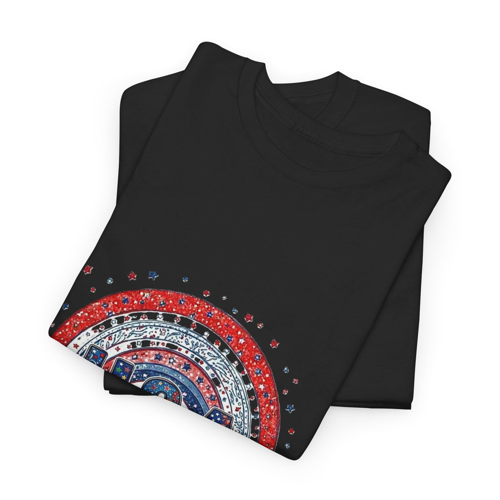 USA Retro Rainbow T-Shirt — Patriotic Fourth of July Tee with Stars & Flowers