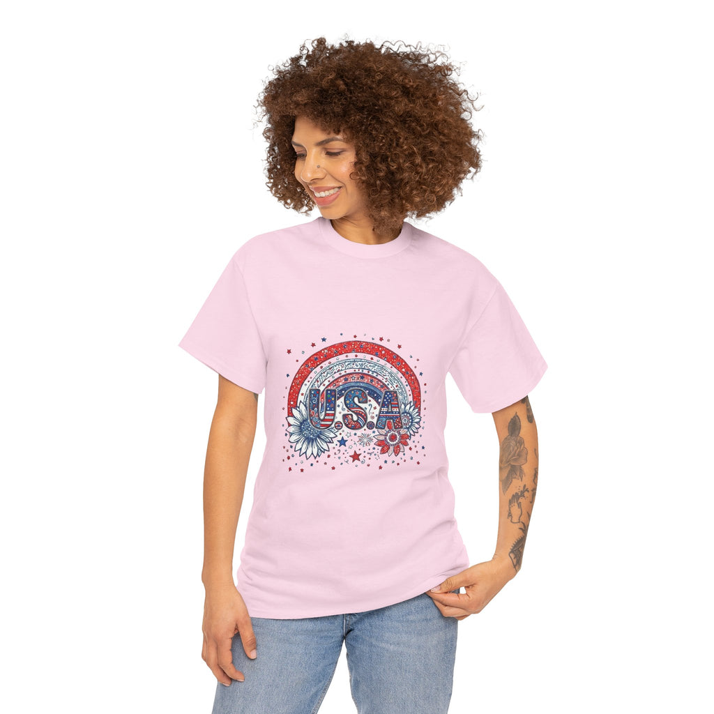 USA Retro Rainbow T-Shirt — Patriotic Fourth of July Tee with Stars & Flowers