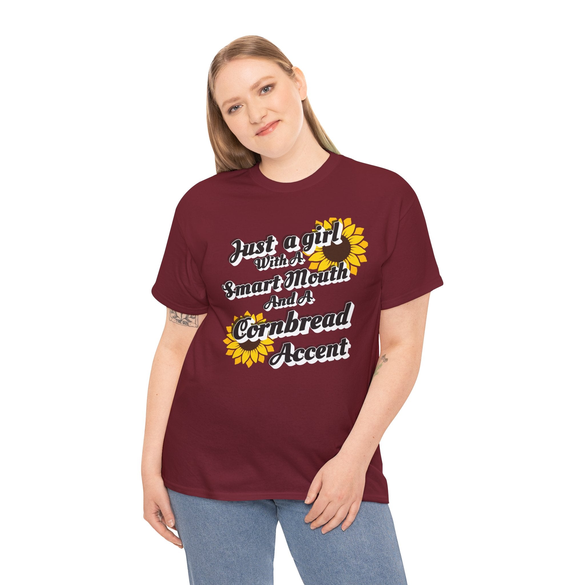 Cornbread Accent T-Shirt – "Just a Girl with a Smart Mouth and a Cornbread Accent" Sunflower Graphic