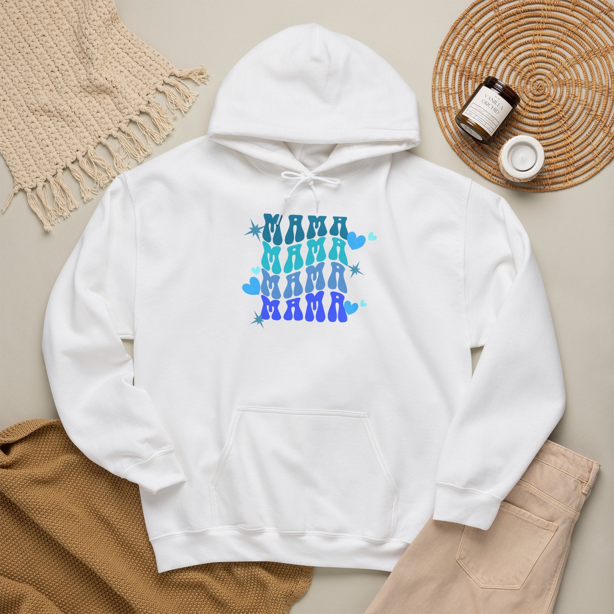 Mama Heart Crewneck Hoodie – Blue Gradient “MAMA” Graphic Sweatshirt