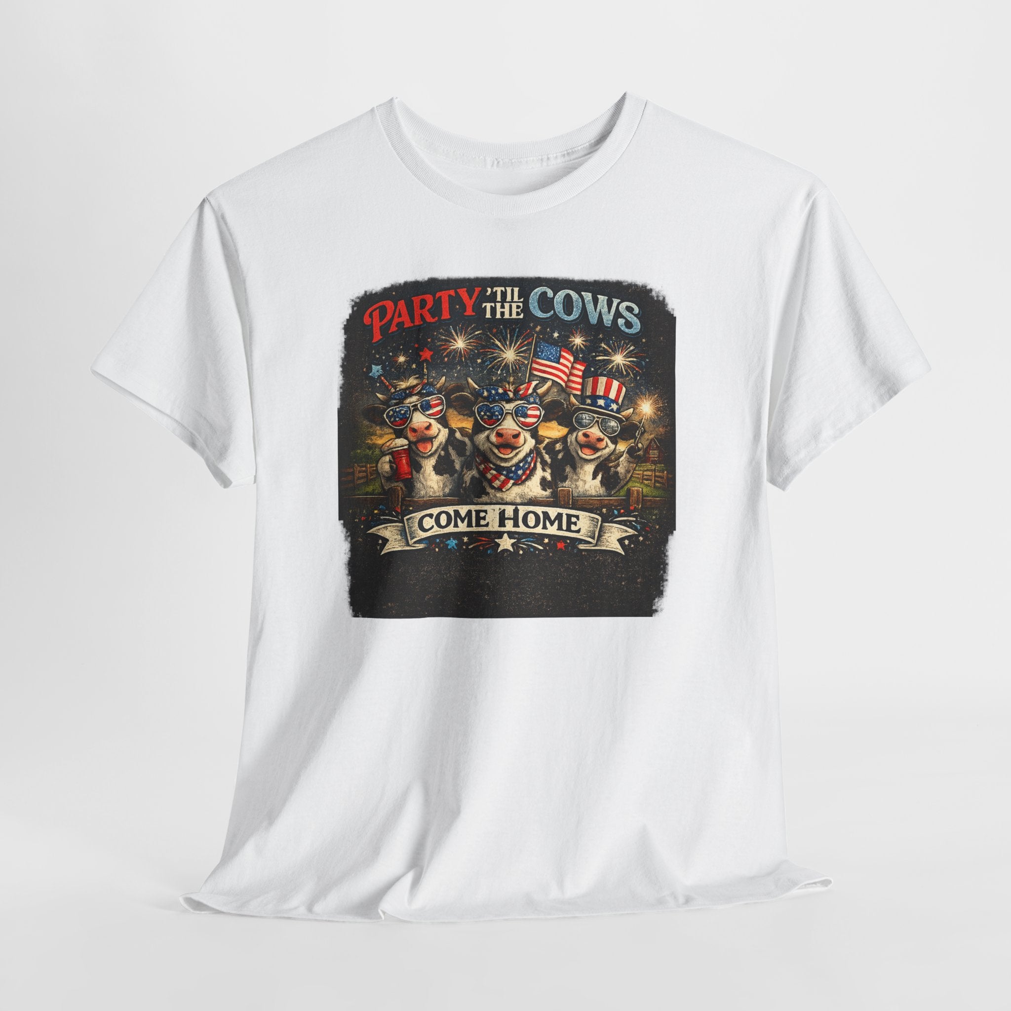 Independence Day 'Party 'Til the Cows Come Home' T-Shirt — Fireworks & Cow Graphic