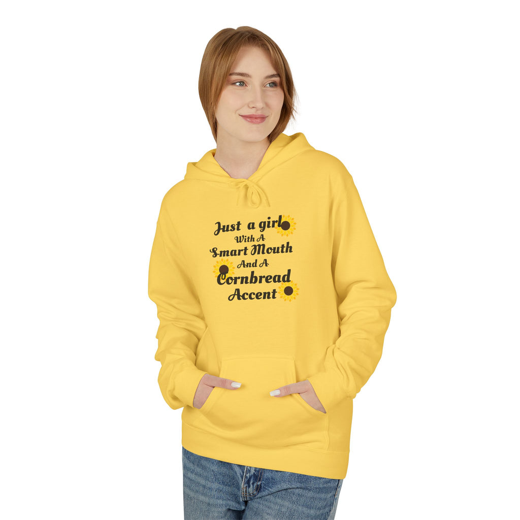 Cornbread Accent Hoodie — "Just a girl with a smart mouth & a cornbread accent" Sunflower Pullover