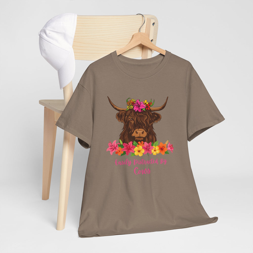Cow Mom Floral Tee — 'Easily Distracted By Cows' Highland Cow Graphic Shirt