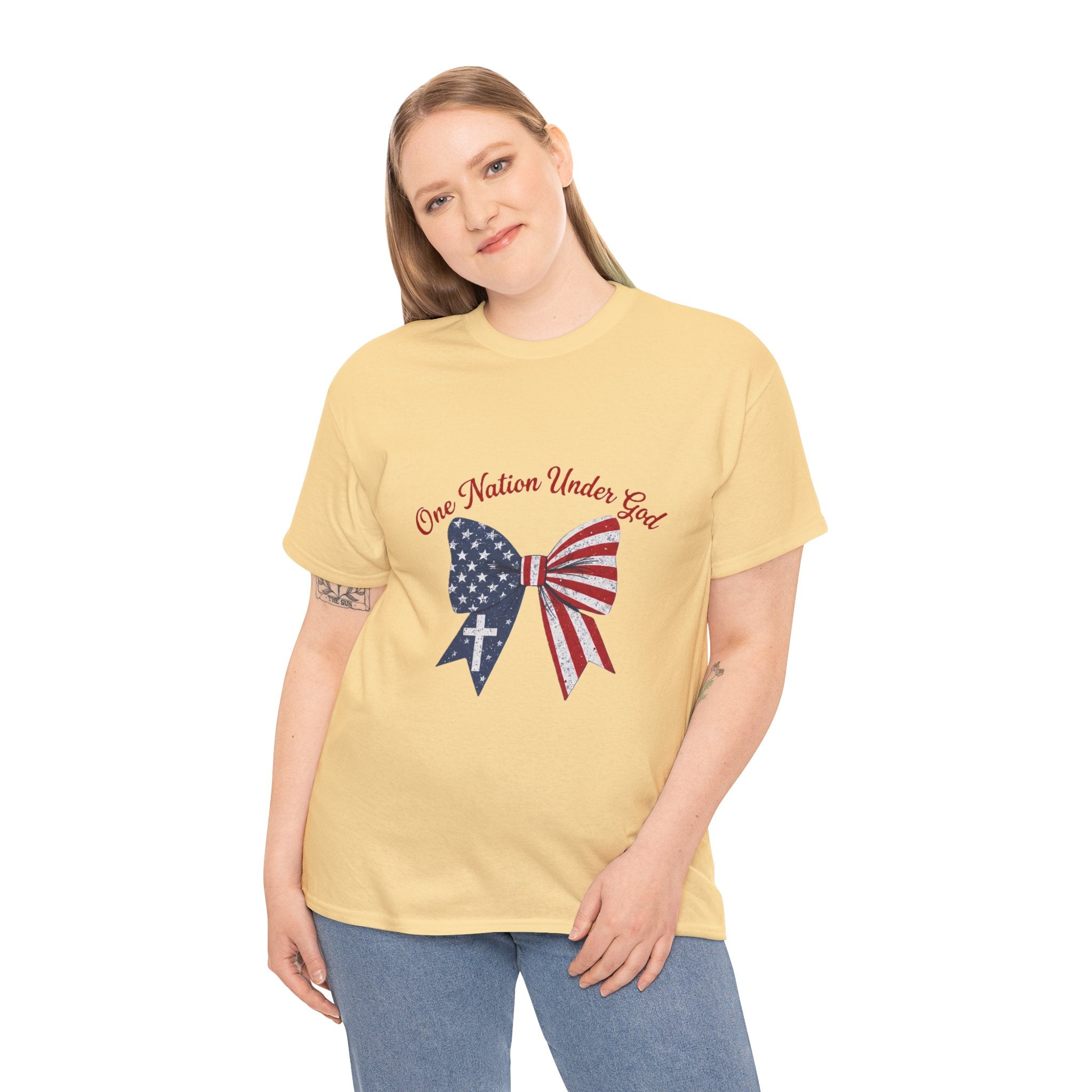 Patriotic Bow Tee — "One Nation Under God" American Flag Cross T-Shirt