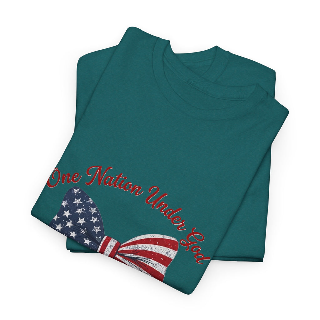 Patriotic Bow Tee — "One Nation Under God" American Flag Cross T-Shirt