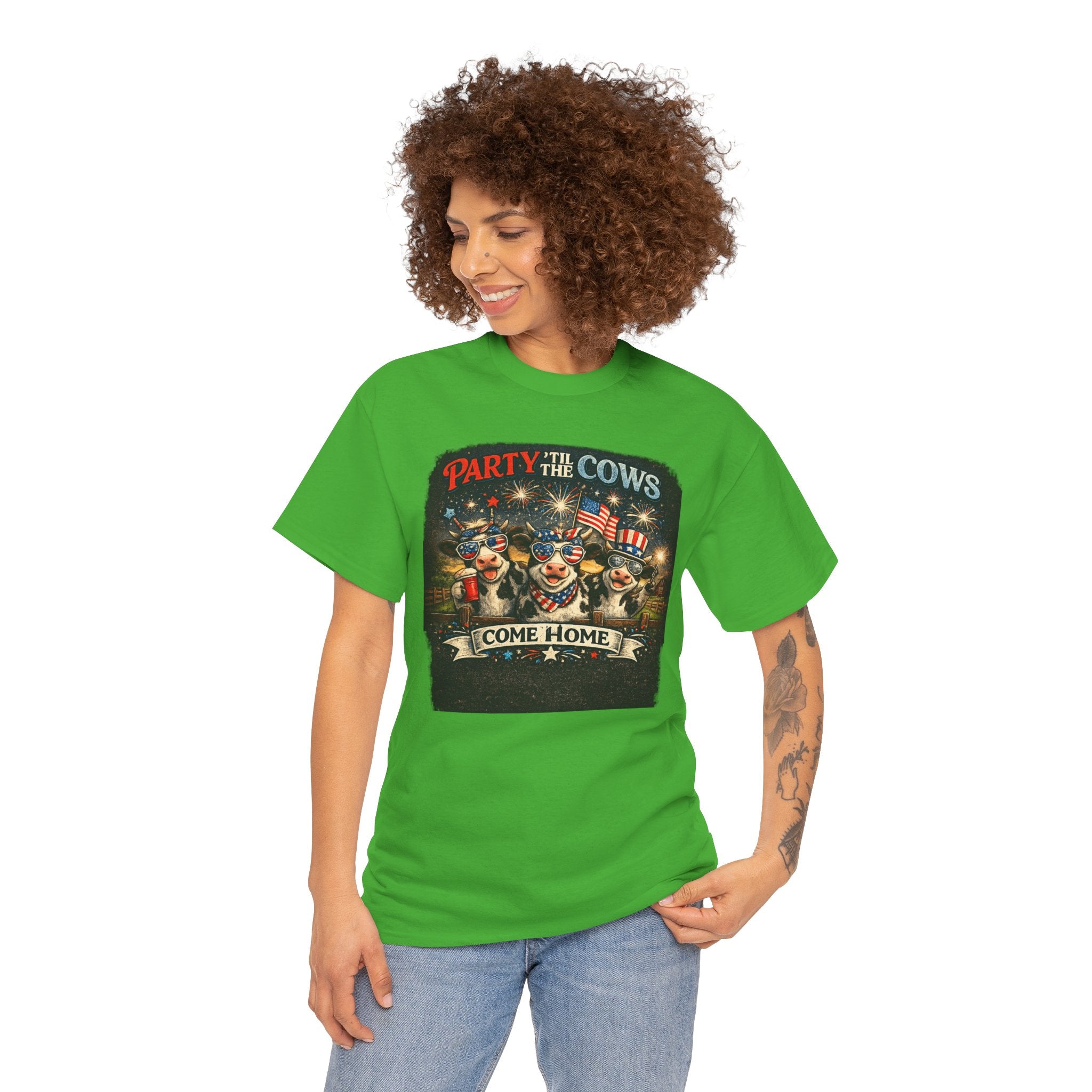 Independence Day 'Party 'Til the Cows Come Home' T-Shirt — Fireworks & Cow Graphic