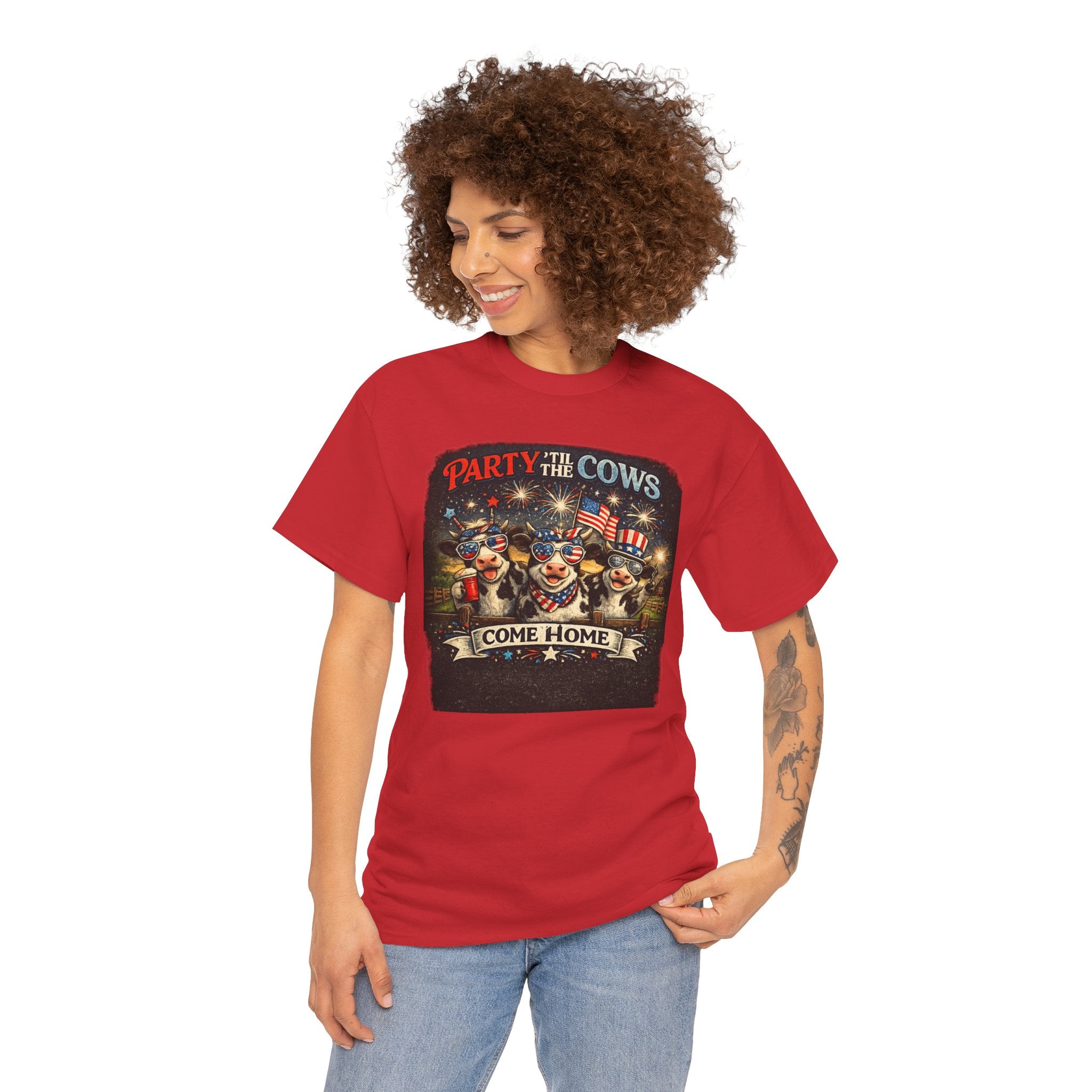 Independence Day 'Party 'Til the Cows Come Home' T-Shirt — Fireworks & Cow Graphic