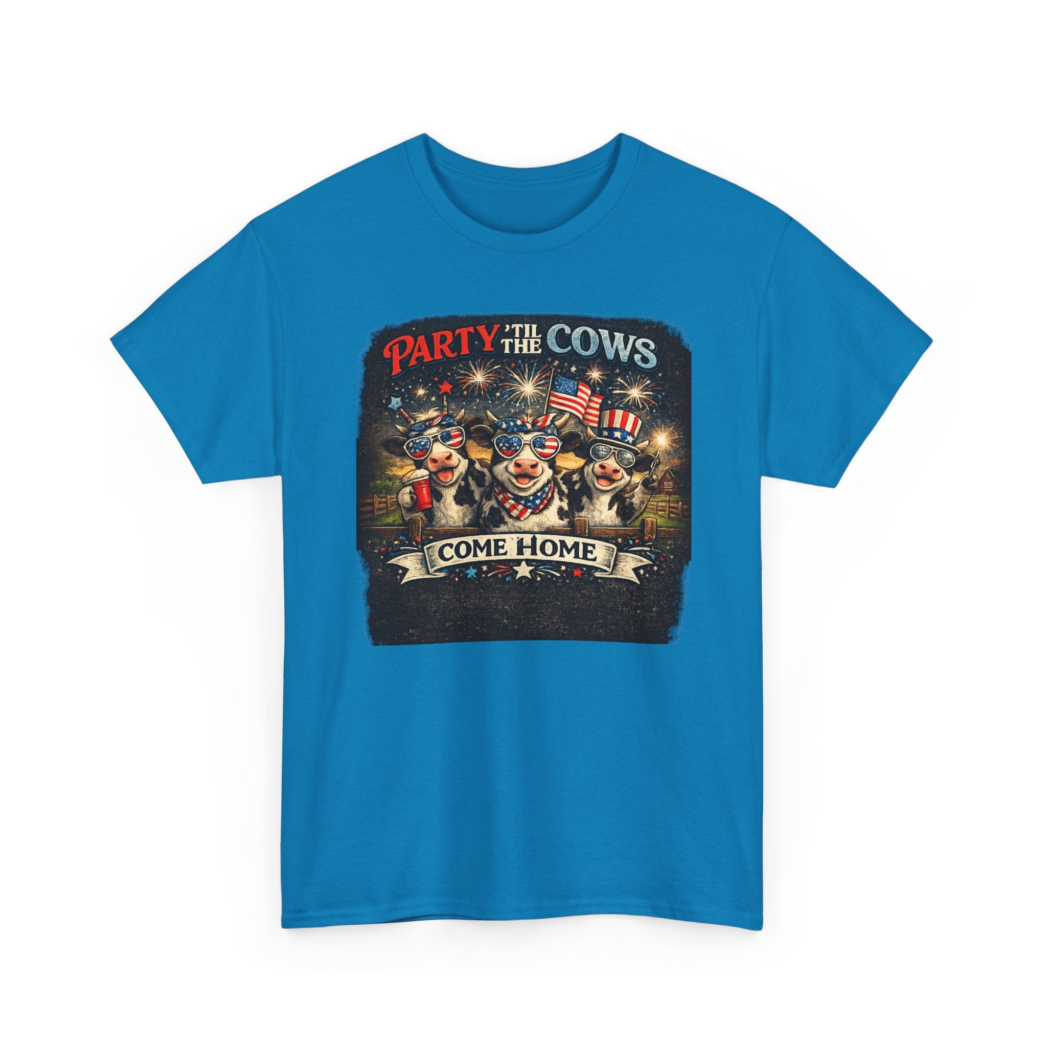 Independence Day 'Party 'Til the Cows Come Home' T-Shirt — Fireworks & Cow Graphic