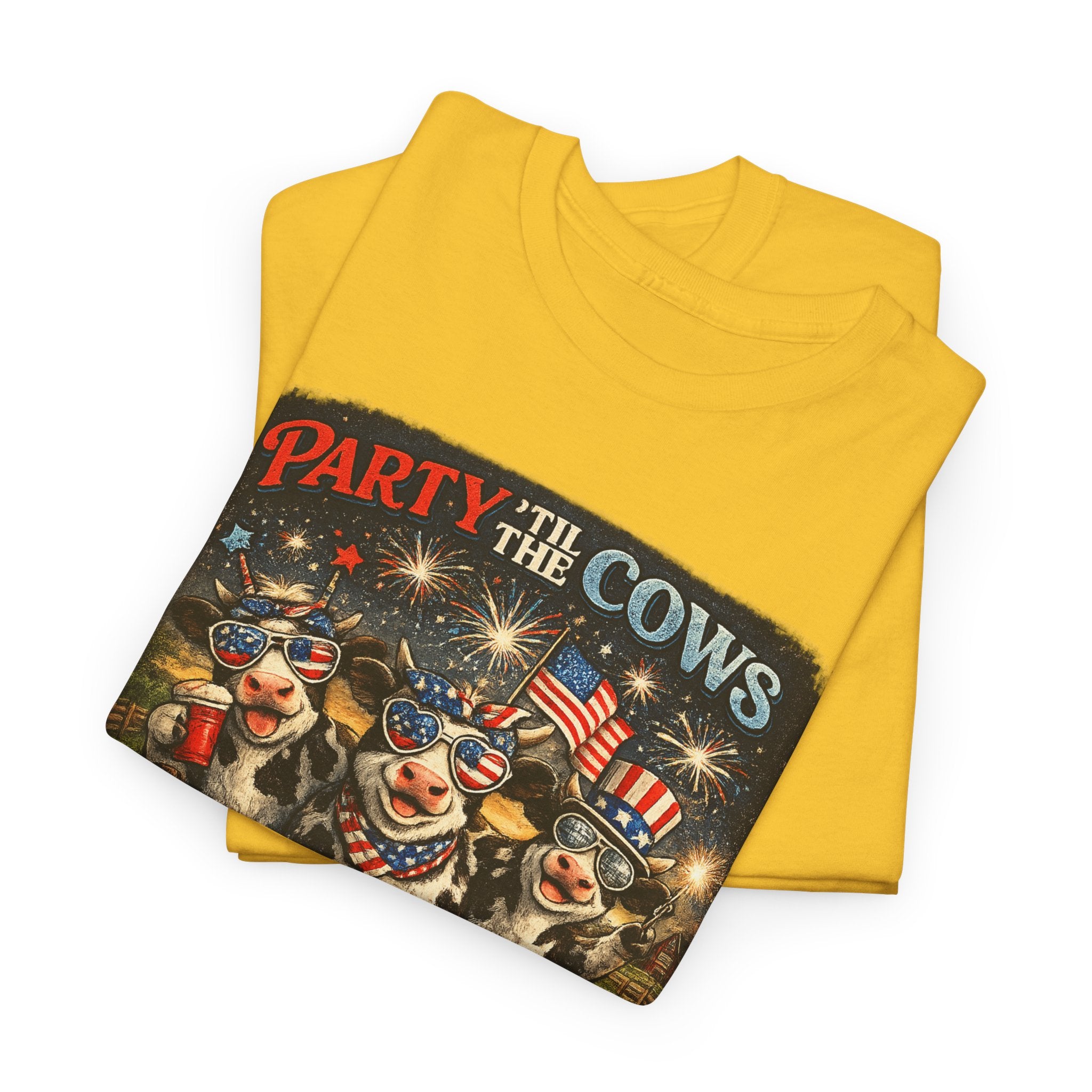 Independence Day 'Party 'Til the Cows Come Home' T-Shirt — Fireworks & Cow Graphic